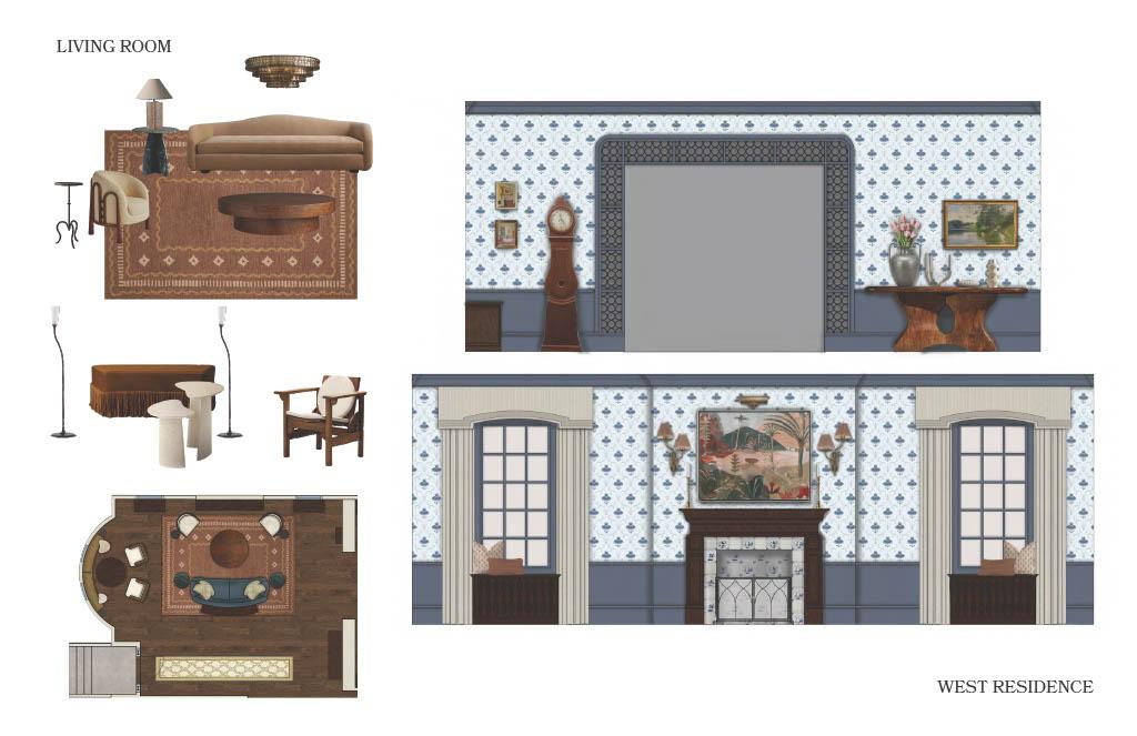 
Living room design board for the West Residence, featuring selected furniture, materials, floor plan, and interior elevations highlighting a fireplace, arched openings, and patterned wallcovering