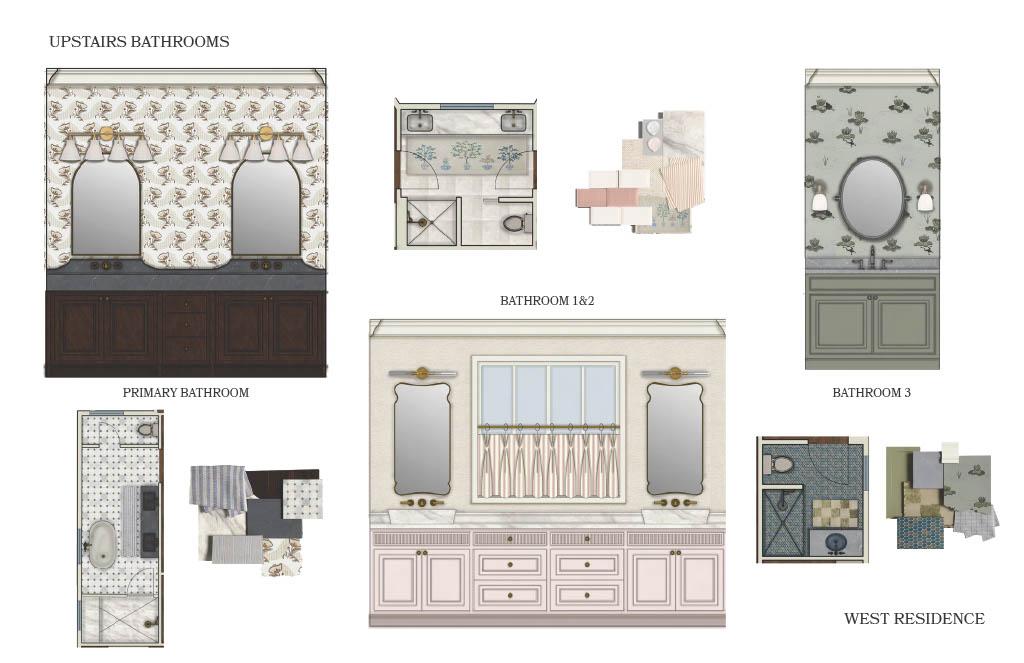 Upstairs bathrooms design board for the West Residence, featuring the primary bathroom and additional bathrooms with material selections, floor plans, and vanity elevations.