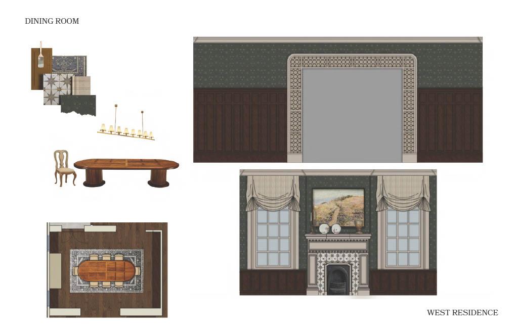 Dining room design board for the West Residence, featuring material samples, furniture selections, floor plan, and interior elevations with wood paneling, patterned wallcovering, and a fireplace