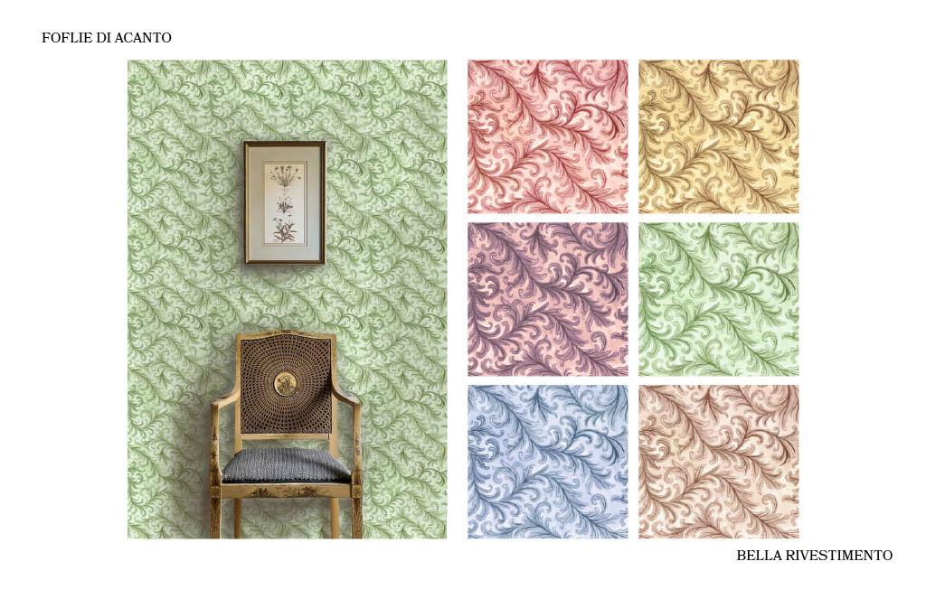 Bella Rivestimento wallcovering design titled ‘Foglie di Acanto,’ featuring an acanthus leaf pattern shown in multiple color variations alongside a styled interior vignette