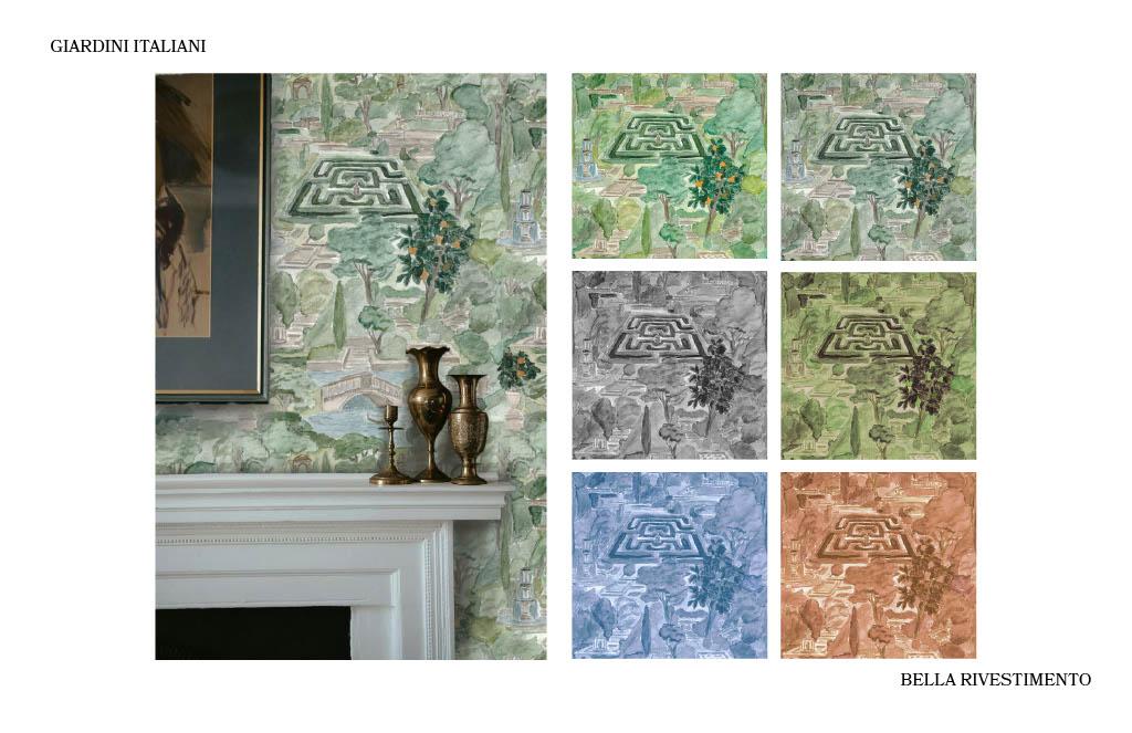 Bella Rivestimento ‘Giardini Italiani’ wallcovering featuring a watercolor-style Italian garden scene with formal landscaping, shown in multiple color variations and a styled interior application.