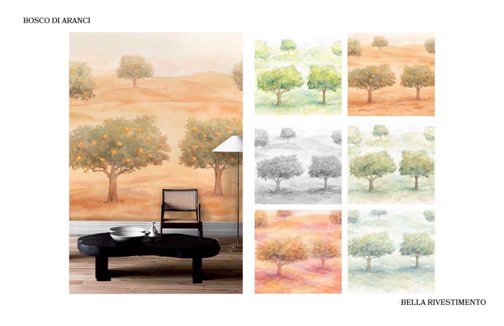 Bella Rivestimento ‘Bosco di Aranci’ wallcovering featuring a watercolor-style landscape of orange trees, shown in multiple color variations and a styled interior application.