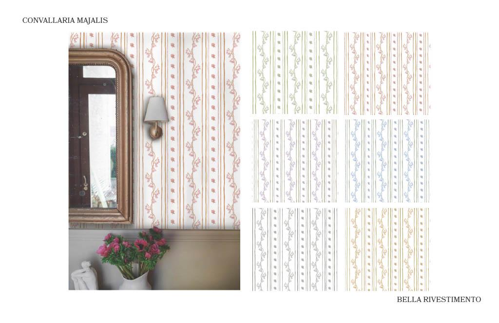 Bella Rivestimento ‘Convallaria Majalis’ wallcovering featuring a delicate striped pattern with floral motifs, shown in multiple color variations and a styled interior application.