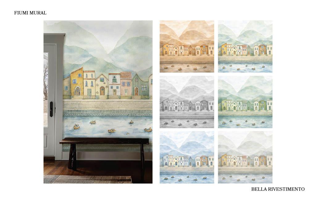 Bella Rivestimento ‘Fiumi Mural’ wallcovering featuring a watercolor-style landscape of riverside buildings and mountains, shown in multiple color variations and a styled interior application