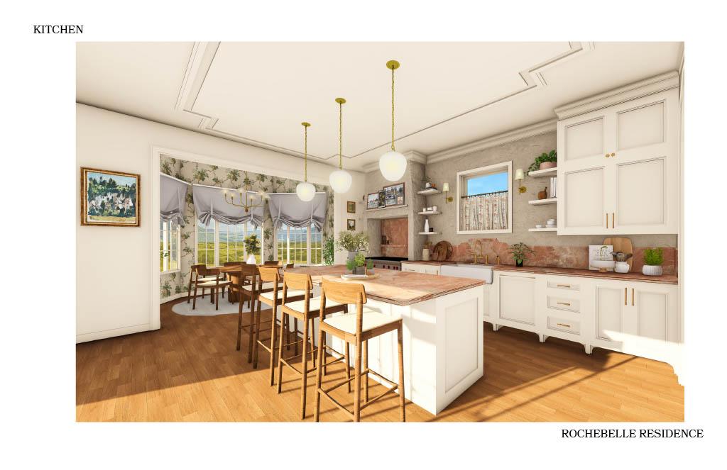 Kitchen rendering for the Rochebelle Residence featuring white cabinetry, a central island with bar seating, warm wood flooring, and an adjacent dining nook with large windows
