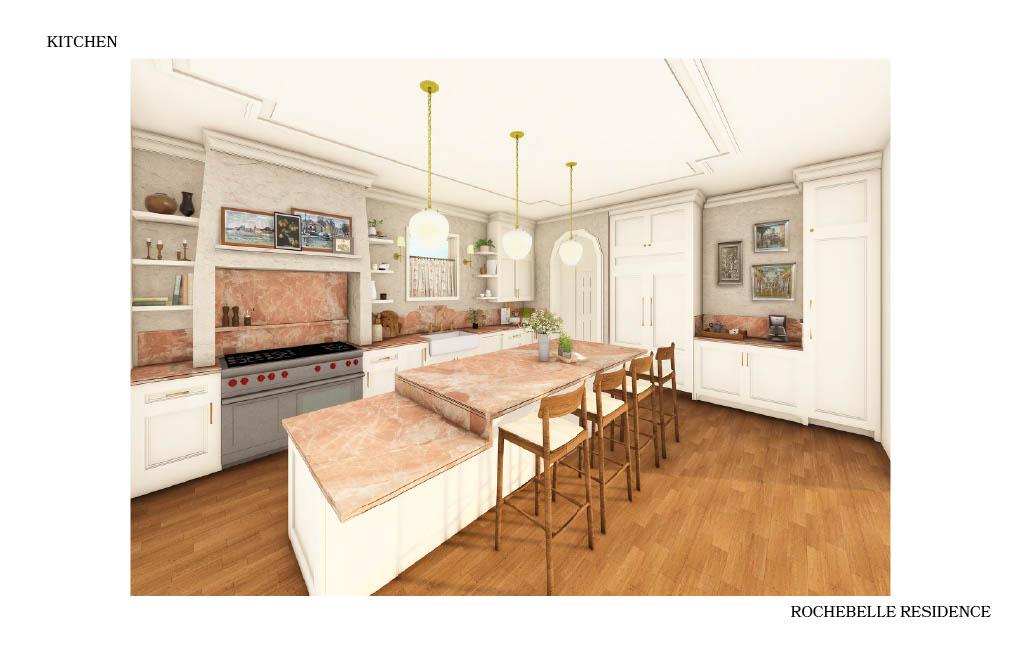 Kitchen rendering for the Rochebelle Residence featuring white cabinetry, a central island with bar seating, warm wood flooring, and marble countertops