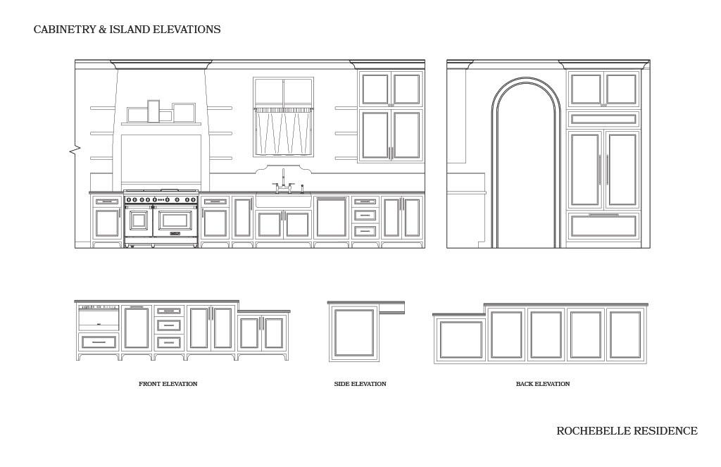 Cabinetry and island elevation drawings for the Rochebelle Residence kitchen, including front, side, and back views of cabinetry, appliances, and architectural details.