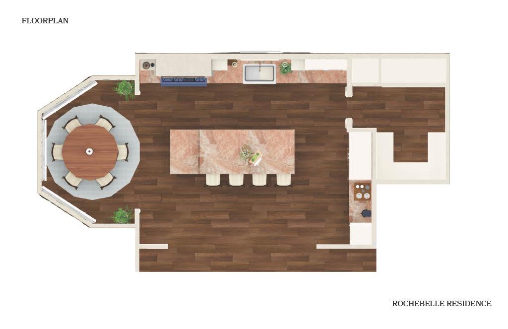 Floor plan for the Rochebelle Residence kitchen and dining area, showing a central island with seating, surrounding cabinetry, and an adjacent dining space