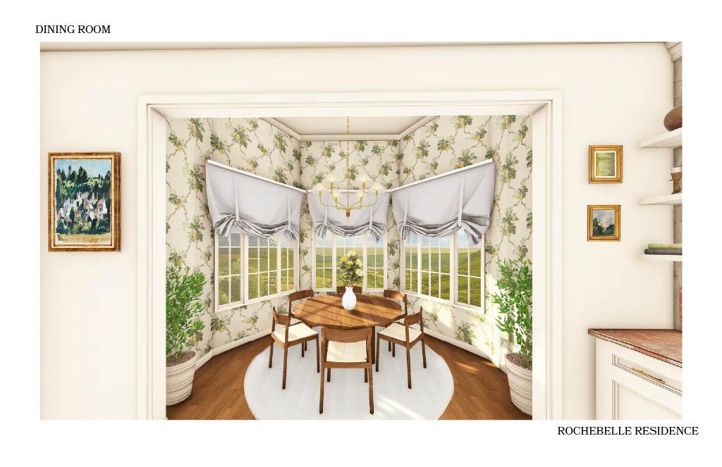 Dining room rendering for the Rochebelle Residence featuring a round table, upholstered chairs, floral wallcovering, and a bay window with natural light