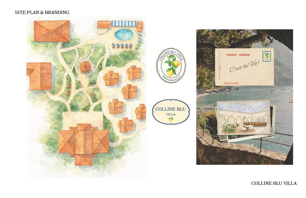 Colline Blu Villa site plan and branding board showing a watercolor site layout with villas, circulation paths, and amenities, paired with logo variations and branded postcard visuals