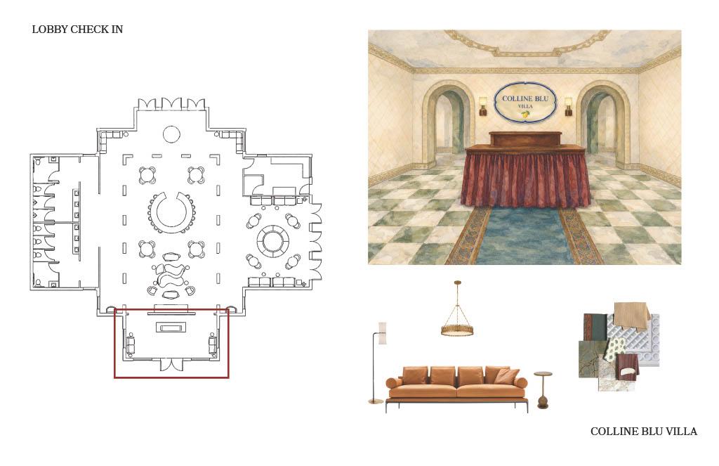 Lobby check-in design board for Colline Blu Villa featuring a floor plan with the reception area highlighted, a watercolor-style rendering of the check-in desk, and selected furniture, lighting, and material finishes