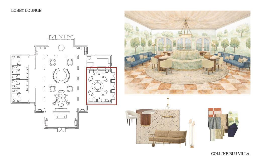 Colline Blu Villa lobby lounge design board showing a highlighted seating area in the floor plan, with a rendered lounge featuring curved banquette seating, tables, and curated furniture, lighting, and material selection
