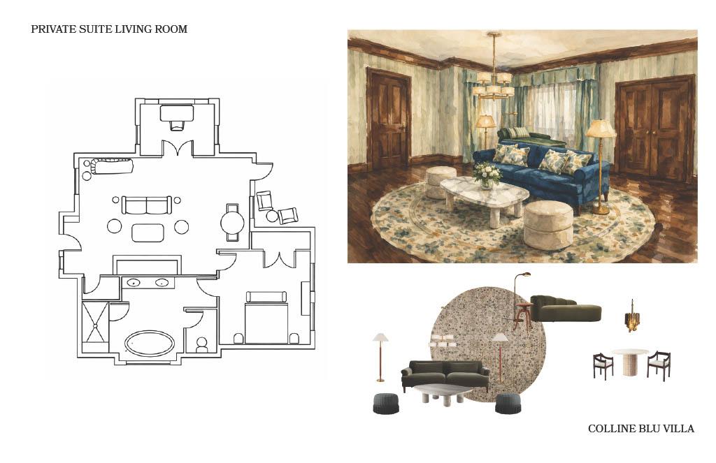 Colline Blu Villa private suite living room design board showing a floor plan, a rendered living space with upholstered seating and layered textiles, and curated furniture, lighting, and material selections.