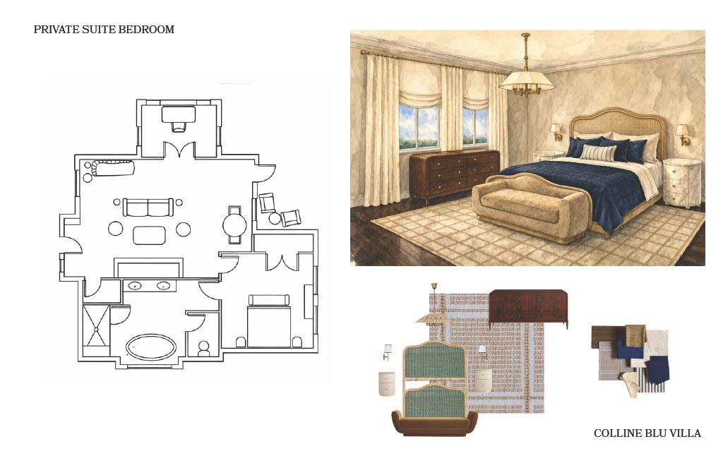 Colline Blu Villa private suite living room design board showing a floor plan, a rendered living space with upholstered seating and layered textiles, and curated furniture, lighting, and material selections