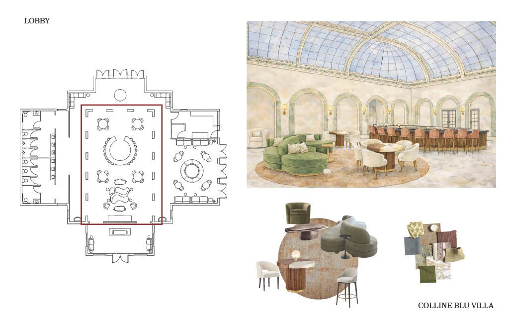 Colline Blu Villa lobby design board showing the central gathering space highlighted in the floor plan, with a rendered lounge and bar area under a glass dome and curated furniture, lighting, and material selections