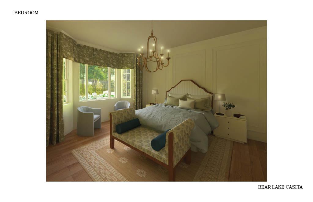 Bedroom rendering for the Bear Lake Casita featuring an upholstered bed, bench seating, bay window with drapery, and warm wood flooring.