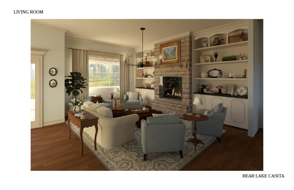 Living room rendering for the Bear Lake Casita featuring a central seating arrangement, stone fireplace, built-in shelving, and large window providing natural light.