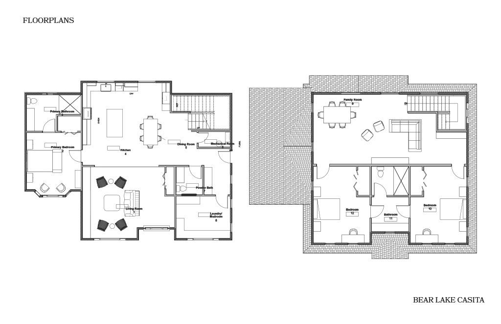Floor plans for the Bear Lake Casita showing the main level with kitchen, living, dining, and primary suite, and the upper level with bedrooms, bathroom, and family room.