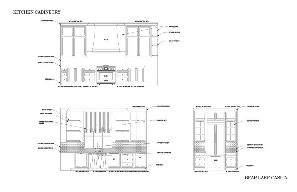 Kitchen cabinetry elevation drawings for the Bear Lake Casita showing front and side views with labeled materials, fixtures, appliances, and dimensions.