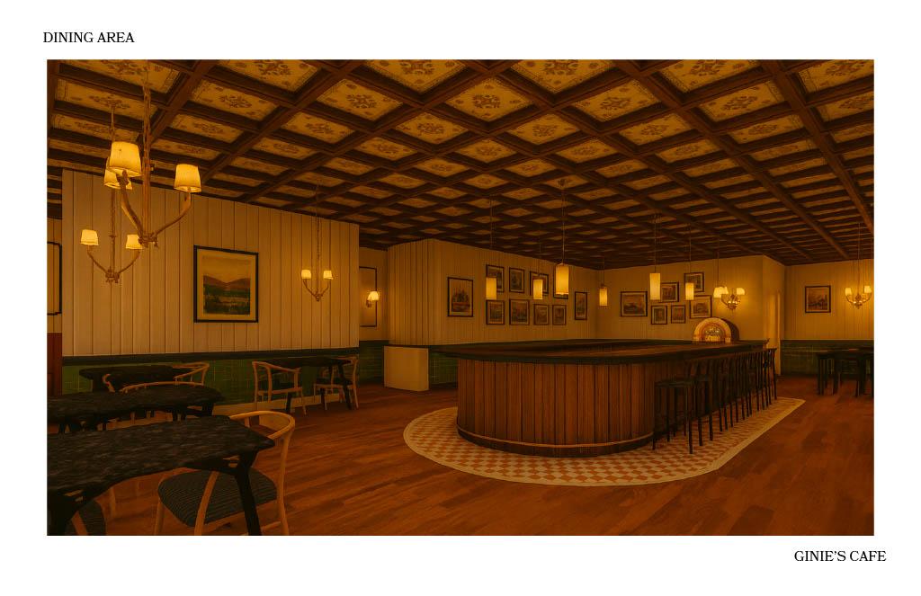Dining area rendering for Ginie’s Cafe featuring a central bar, wood-paneled walls, patterned ceiling, and warm ambient lighting with booth and table seating