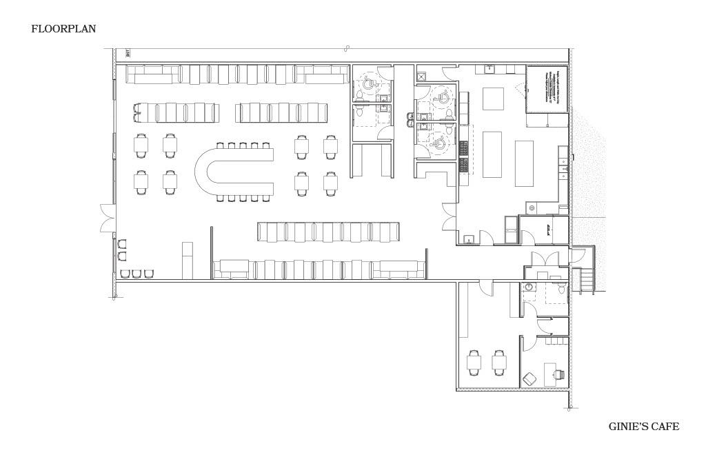 Floor plan for Ginie’s Cafe showing dining areas with booth and table seating, a central bar, kitchen, restrooms, and circulation paths