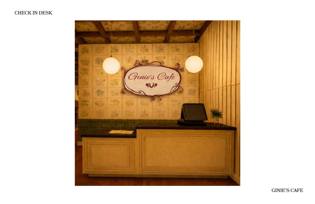 Check-in desk rendering for Ginie’s Cafe featuring a paneled reception counter, patterned tile wall, pendant lighting, and a sign reading ‘Ginie’s Cafe.