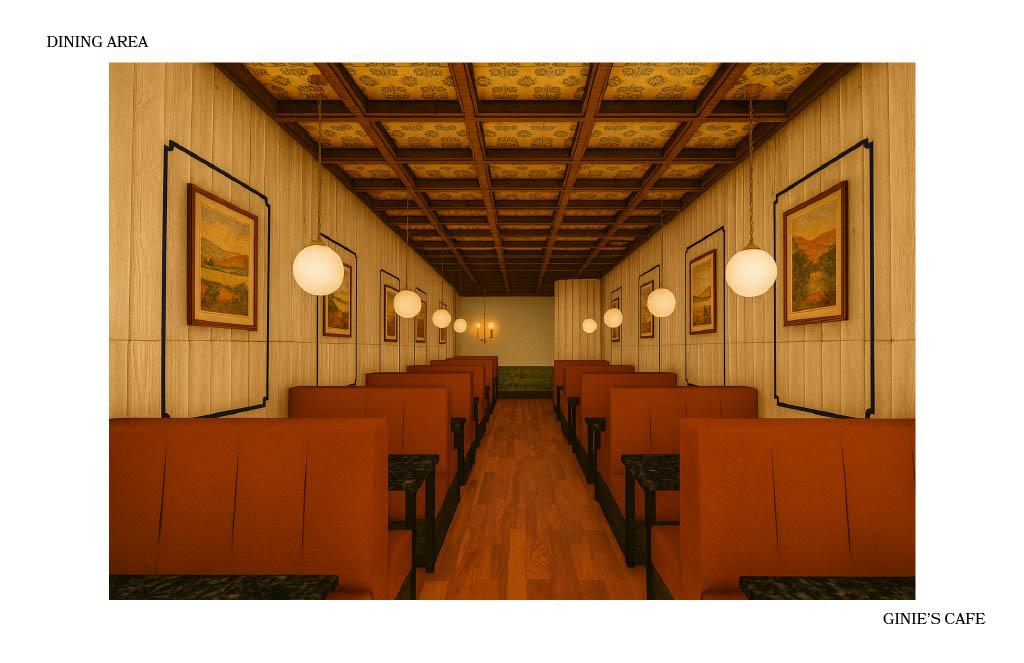 Dining area rendering for Ginie’s Cafe featuring rows of booth seating, wood-paneled walls, framed artwork, a patterned ceiling, and warm pendant lighting.