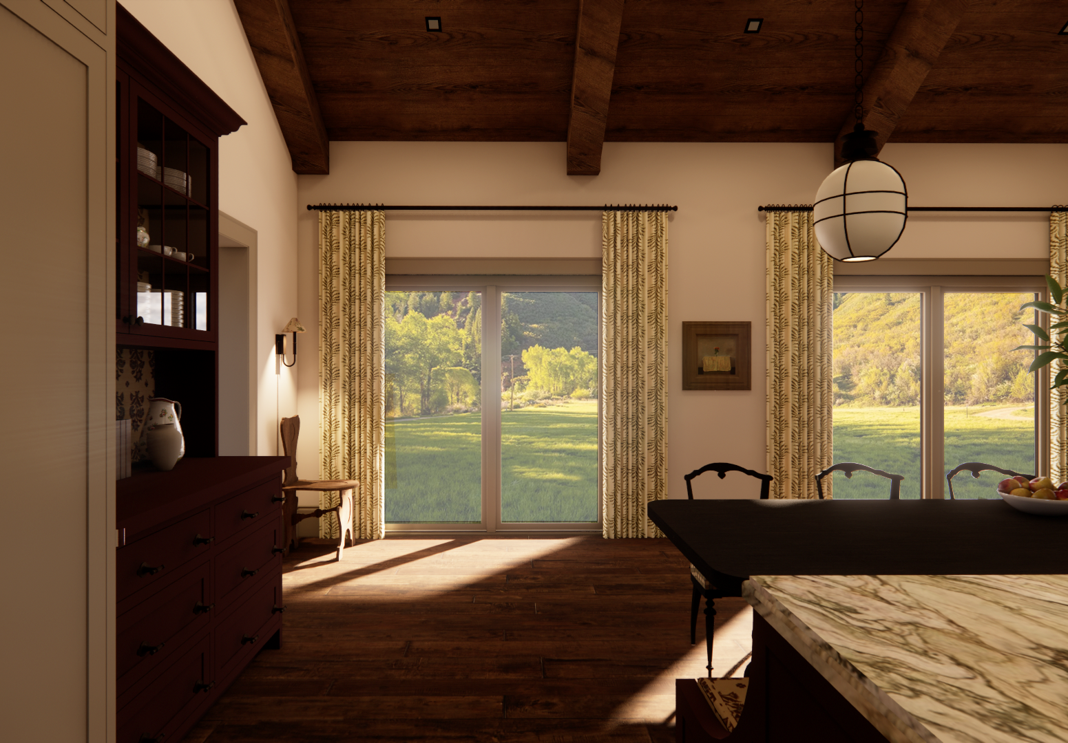 A kitchen/dining area with large glass doors opening to a scenic landscape, featuring warm wood floors and soft natural light.