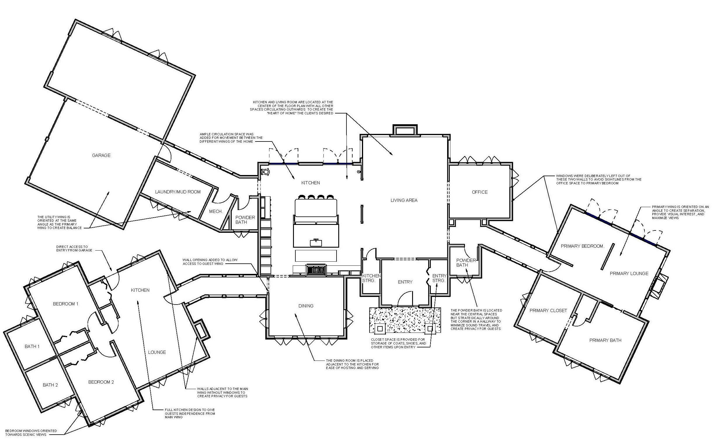 A conceptual floor plan diagram showing a multi-wing house layout with labeled spaces like kitchen, living area, garage, and bedrooms connected by angled corridors.