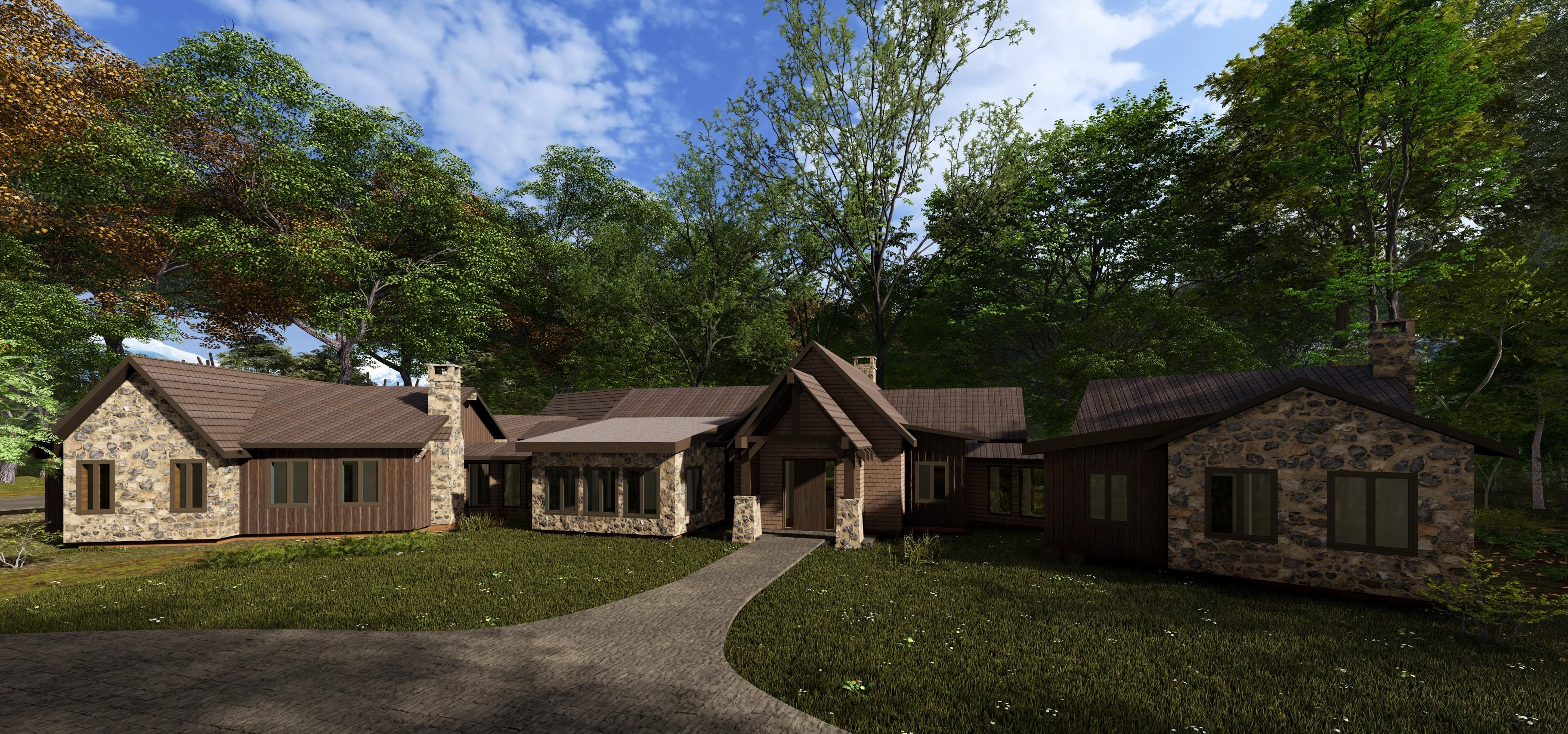 A 3D exterior rendering of a rustic, multi-wing home with stone and wood siding set in a wooded land scape.