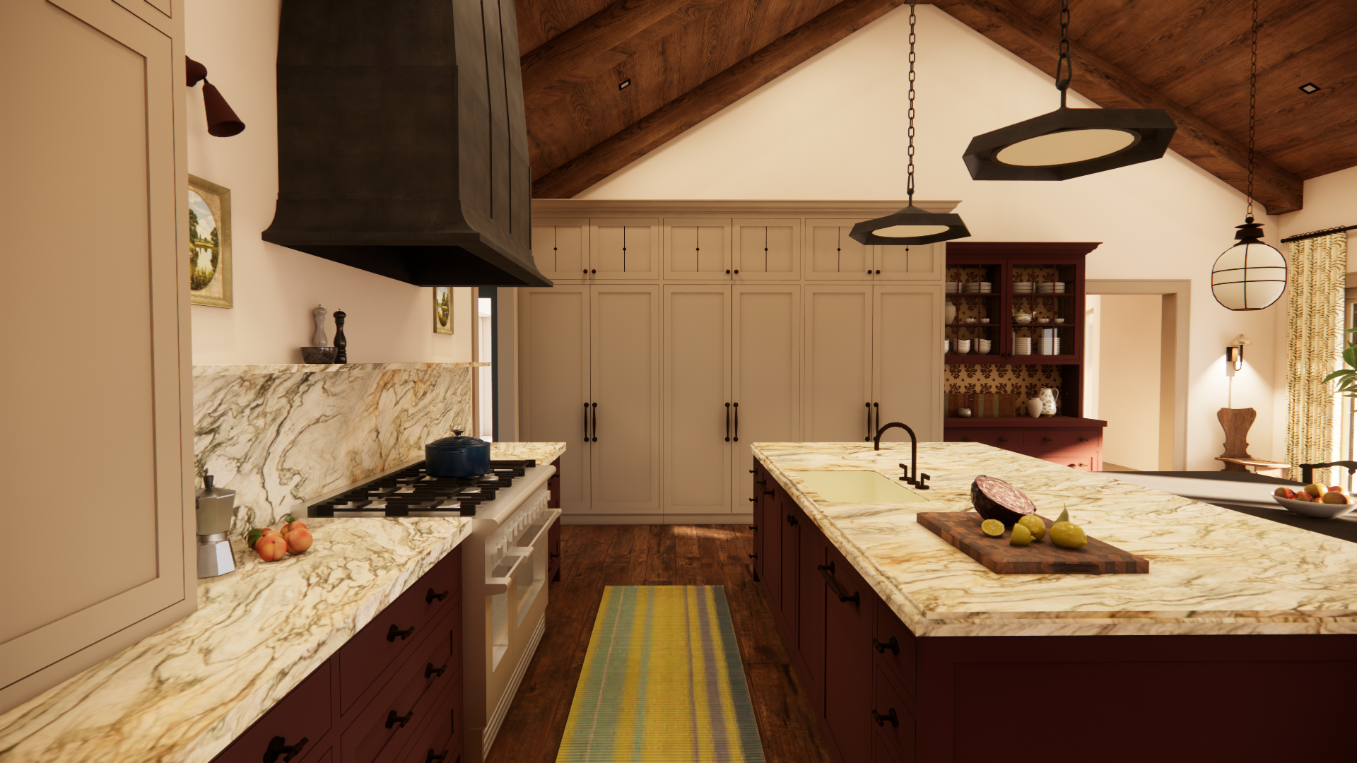 A cozy kitchen interior with marble countertops, warm wood cabinetry, exposed beams, and pendant lighting.