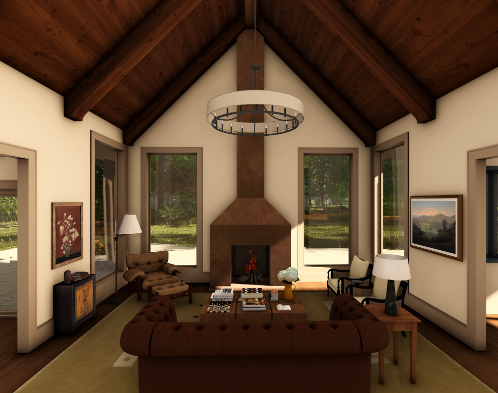 Cozy living room with a vaulted wood ceiling, central fi replace, large windows, and warm-toned seating arranged around a coffee table.