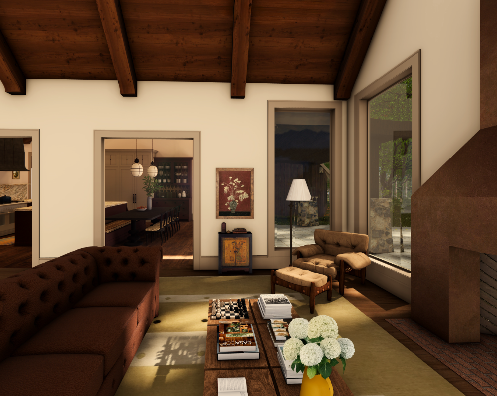 A comfortable living room with a fi replace, large windows, wood beams, and warm-toned furniture arranged around a central coffee table.