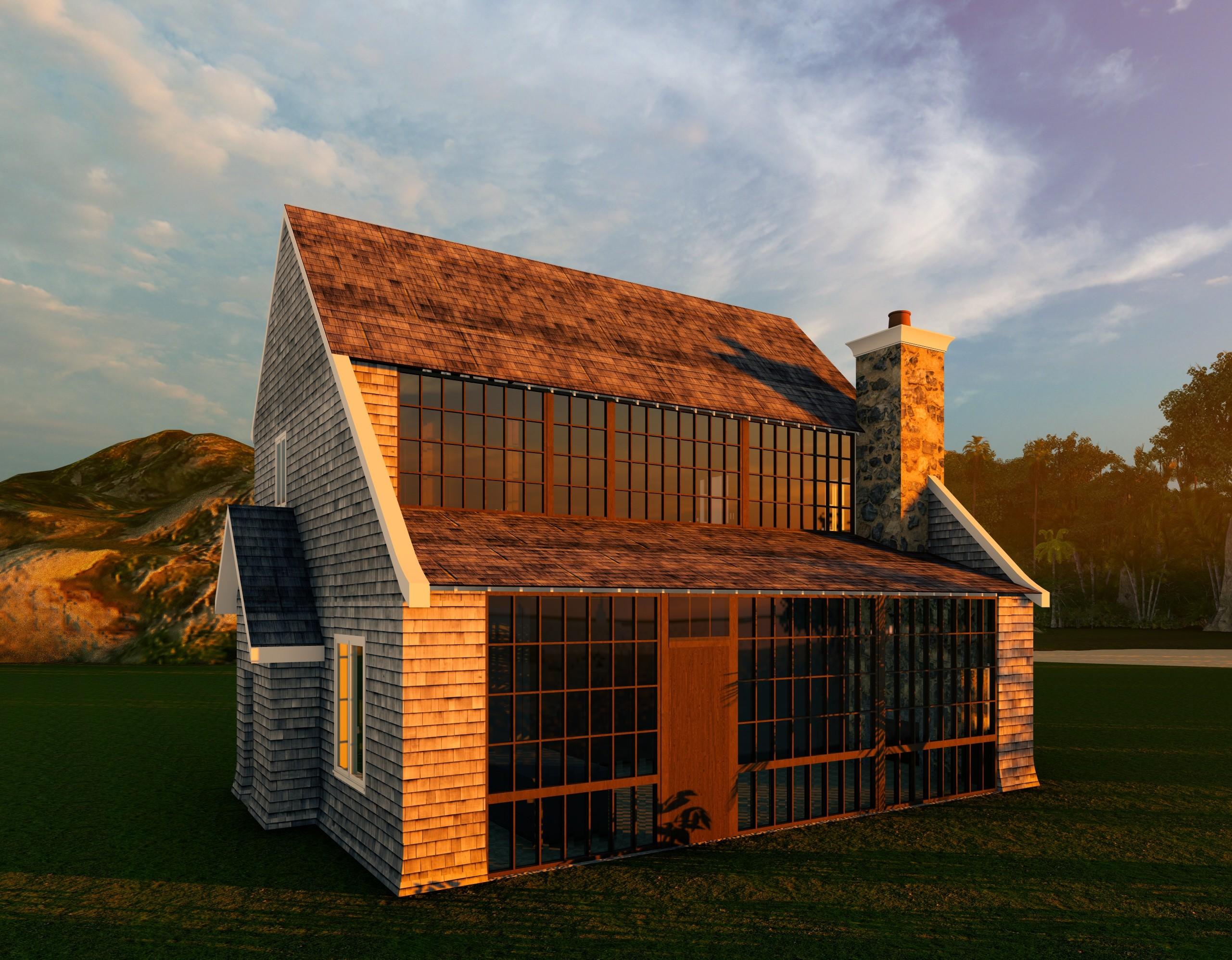 A rear three-quarter view of the barn-style house highlighting expansive glass walls, cedar shingles, and warm sunset lighting.