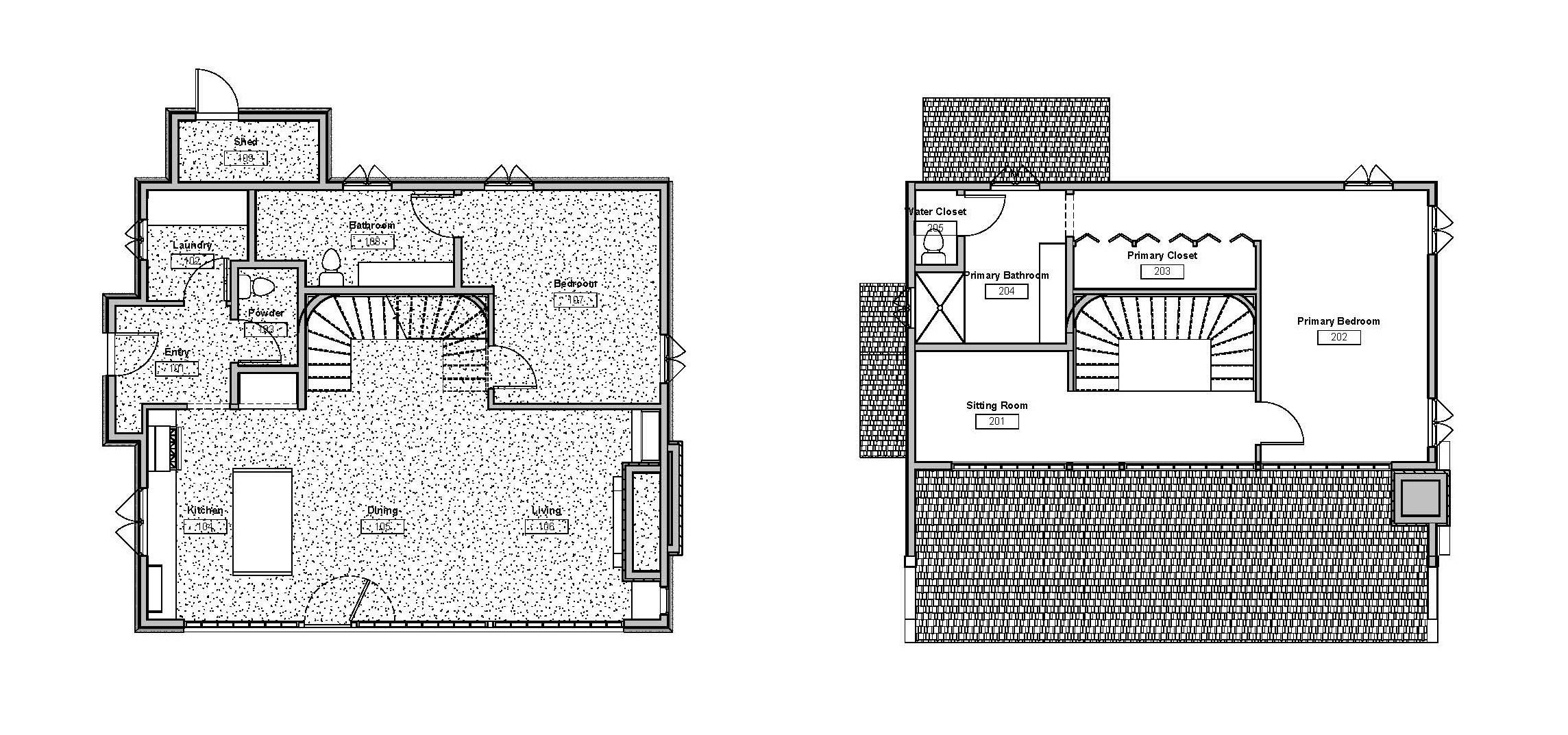 A detailed architectural fl oor plan of the main level and upper level featuring labeled rooms, a central staircase, and open kitchen, dining, and living spaces.
