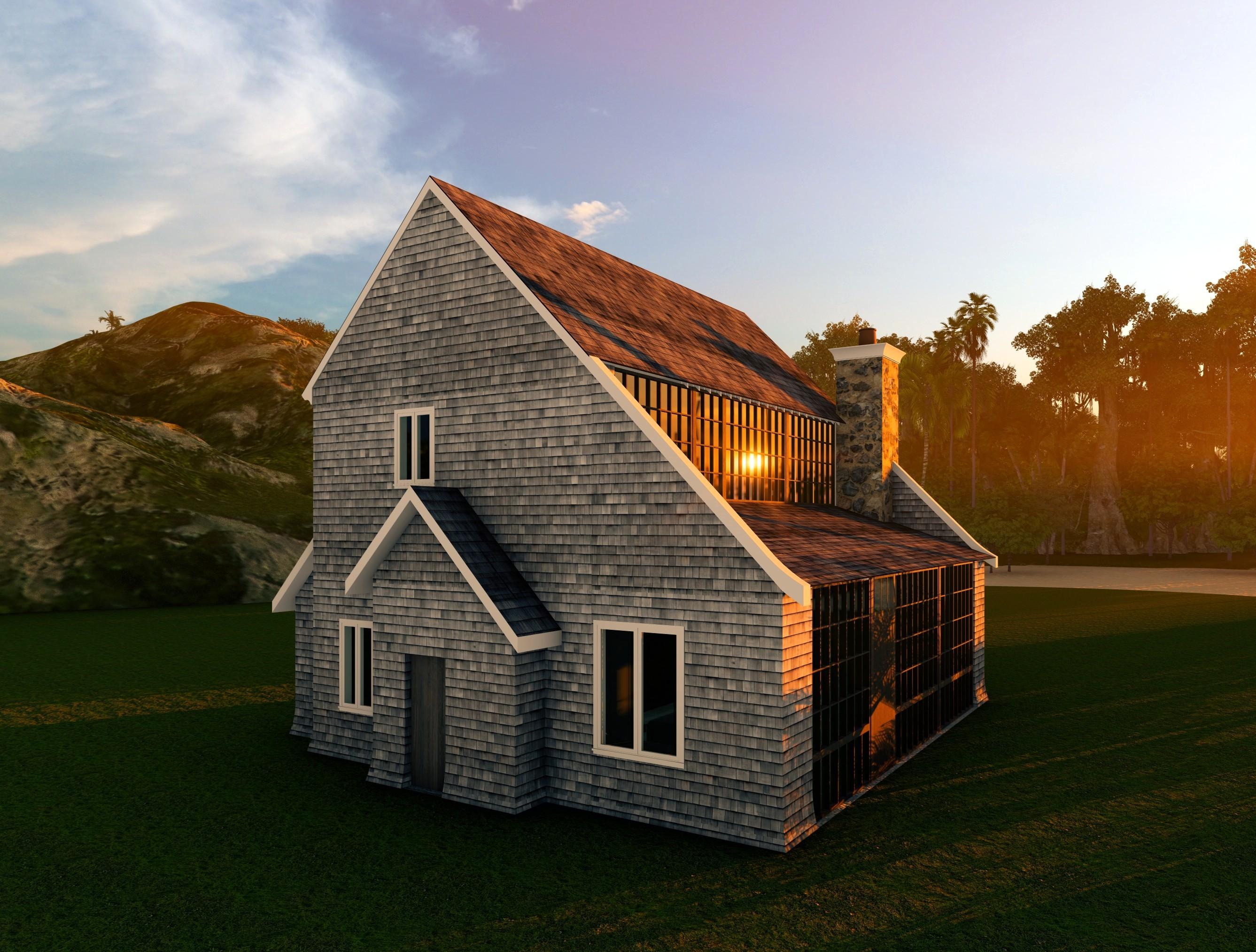A close-up exterior view of the barn-style house emphasizing the tall stone chimney and large window façade.