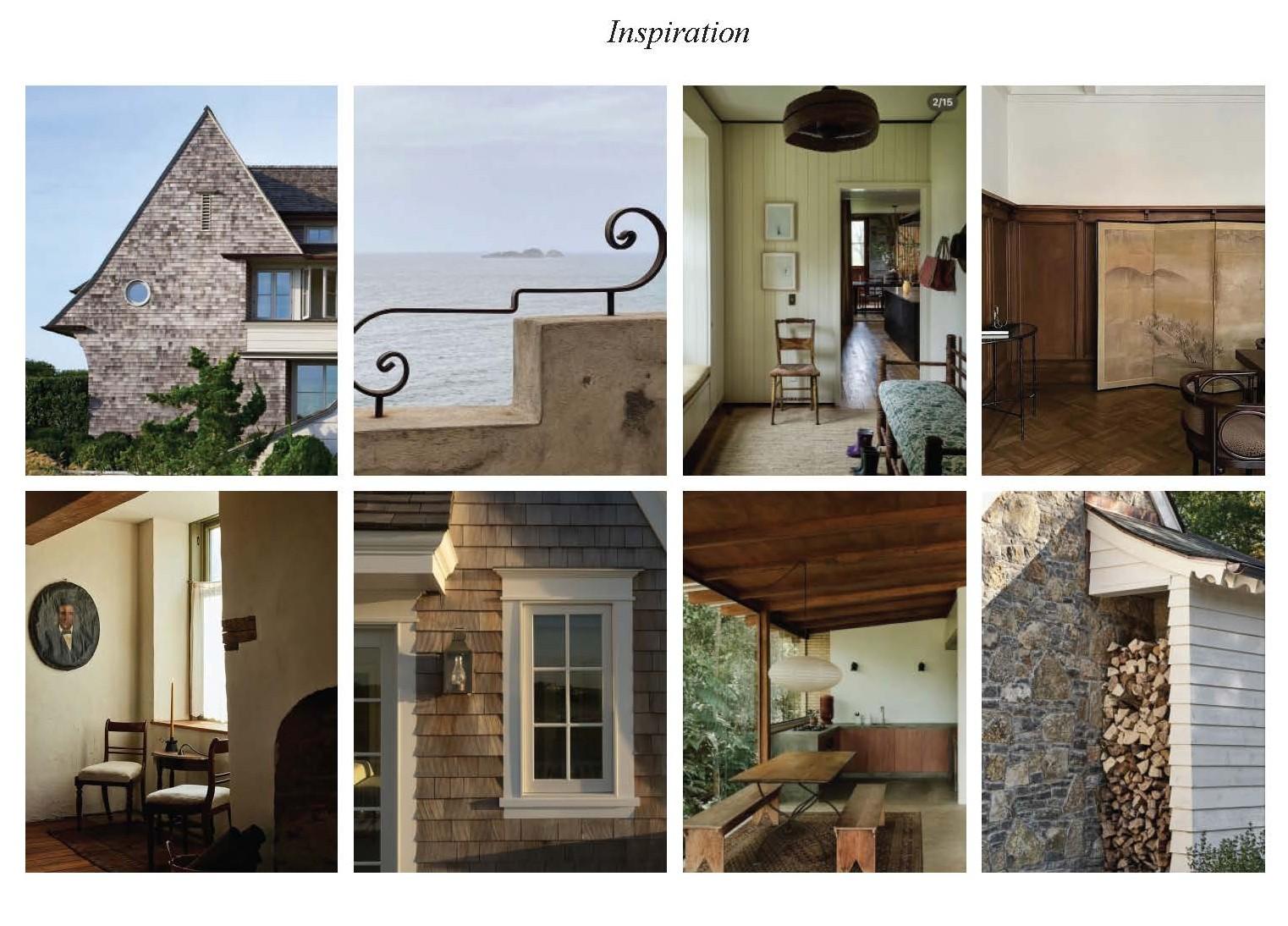 An inspiration board collage featuring coastal architecture, warm wood interiors, textured materials, and traditional design elements.