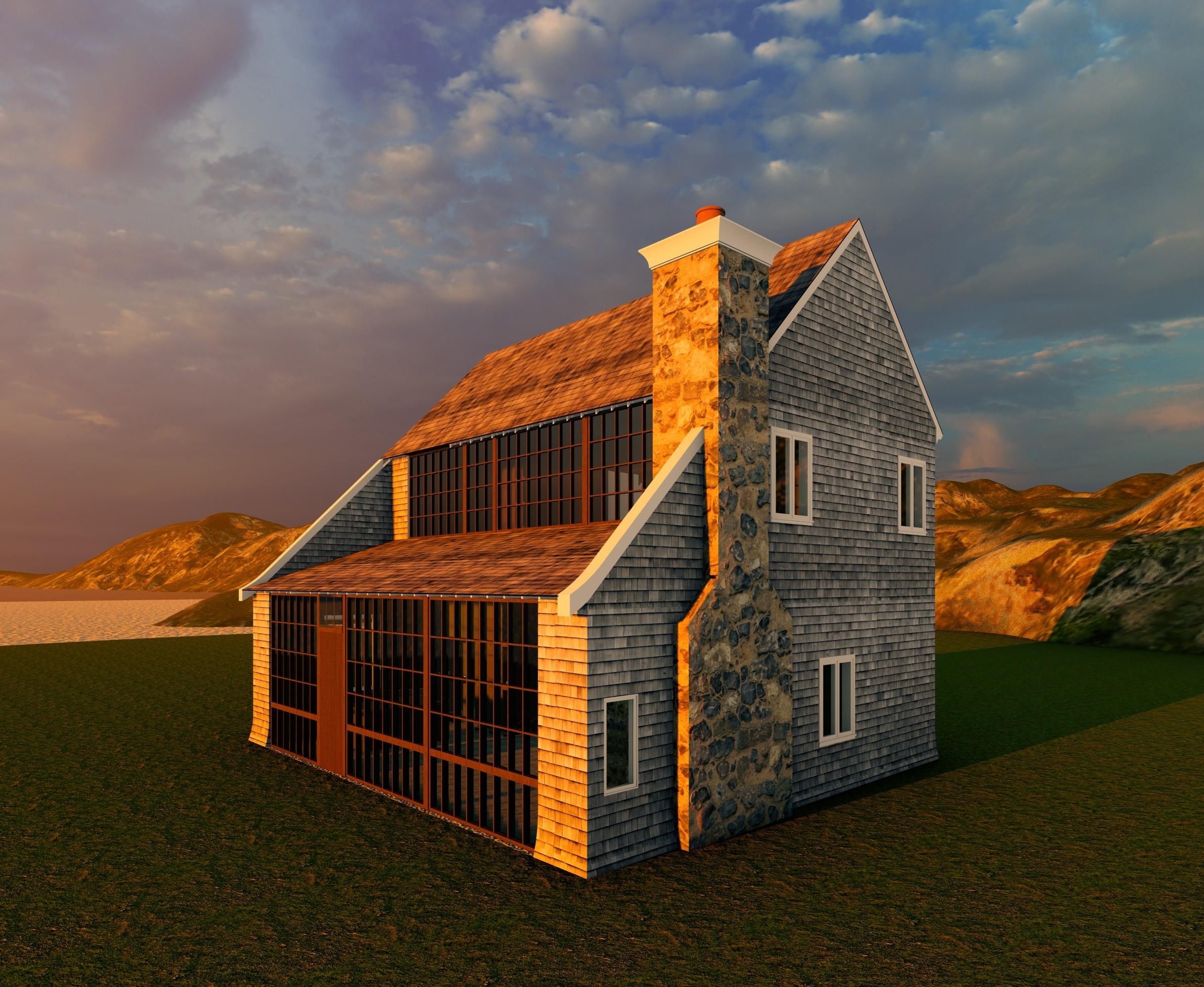 A 3D rendering of a New England-inspired house with a steep gabled roof, large grid windows, and a prominent stone chimney at sunset.