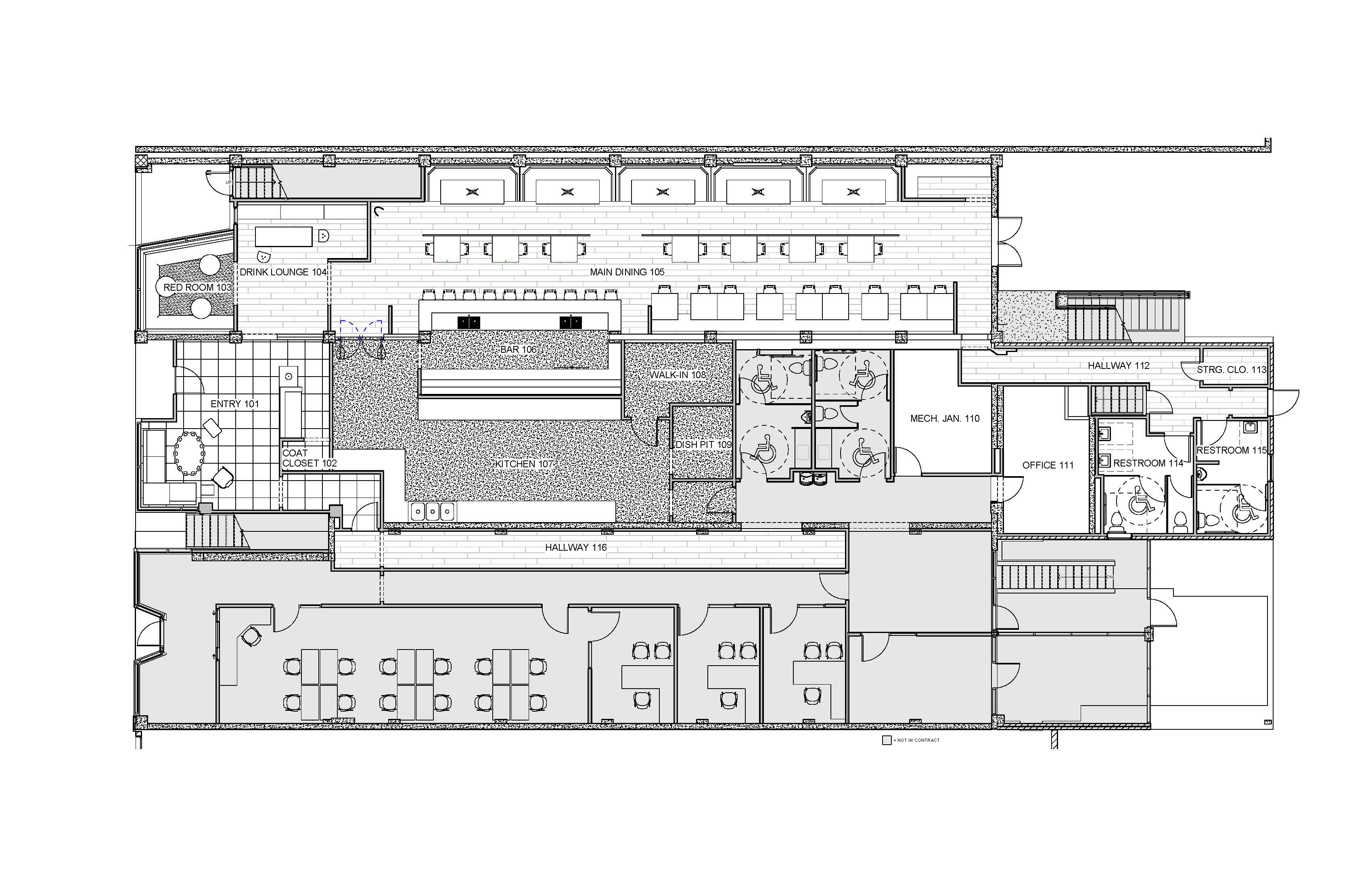 A restaurant fl oor plan showing entry, bar, main dining area, kitchen, restrooms, and back-of-house spaces arranged along a central corridor.
