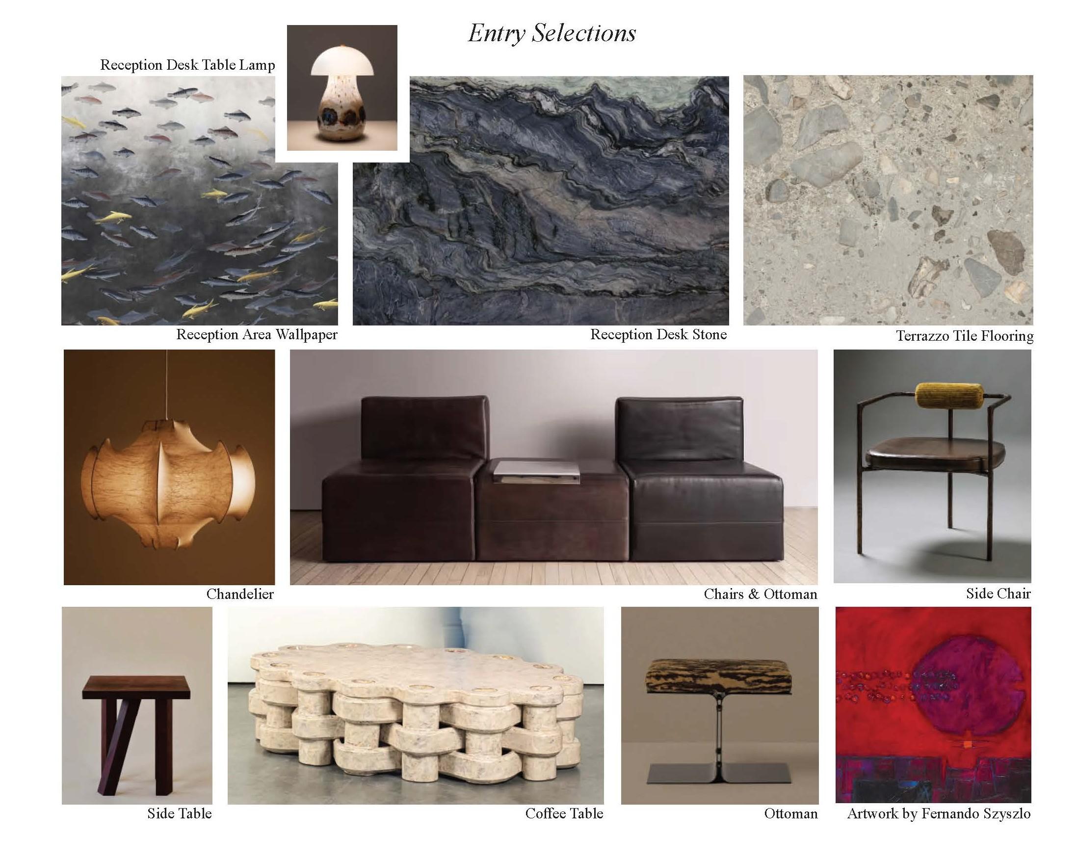 A material and furniture selection board displaying lighting, stone, terrazzo flooring, seating, tables, and artwork for an entry design.