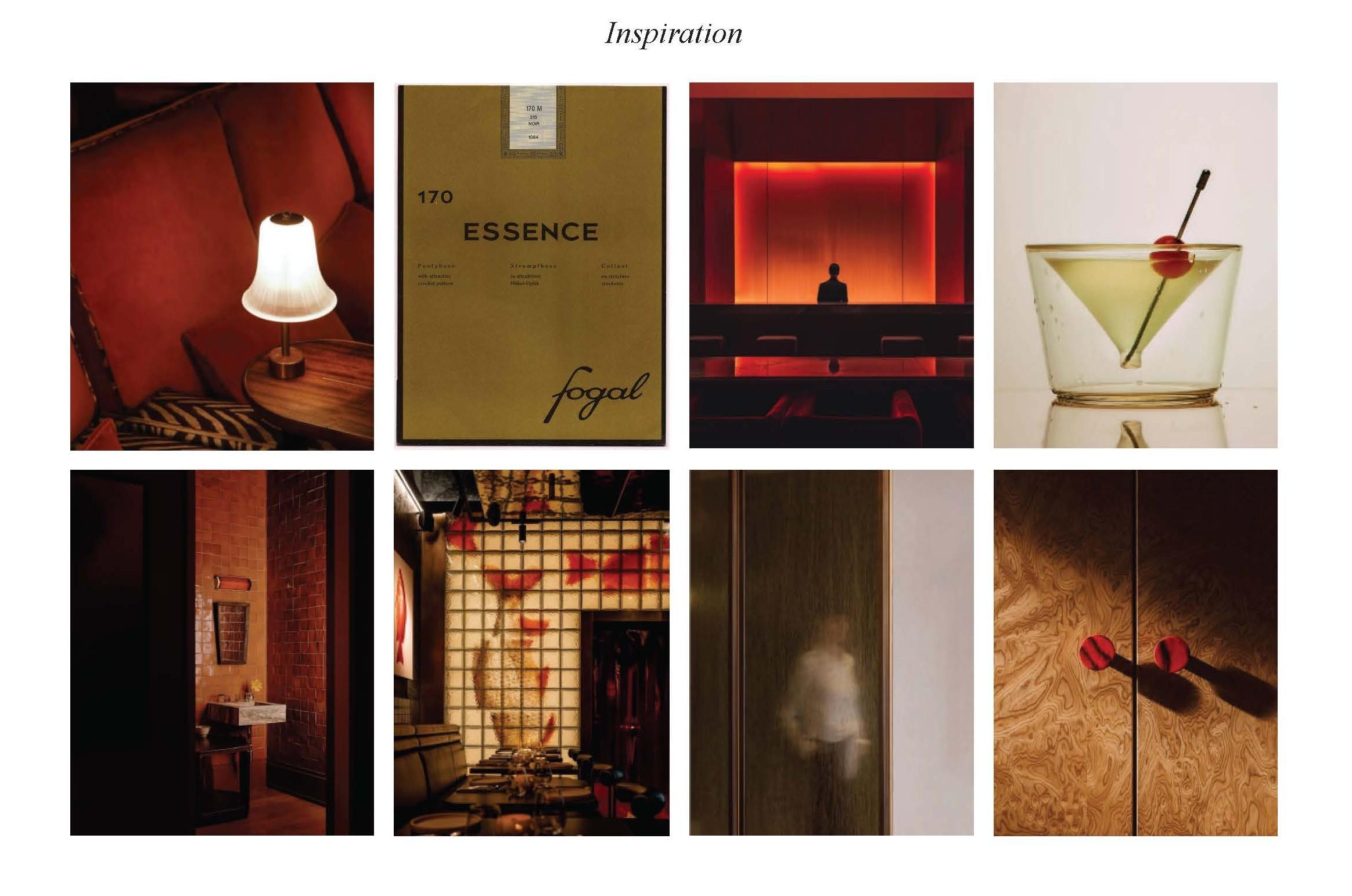 An inspiration collage with moody red and amber tones featuring lighting, interiors, textures, and a cocktail aesthetic.