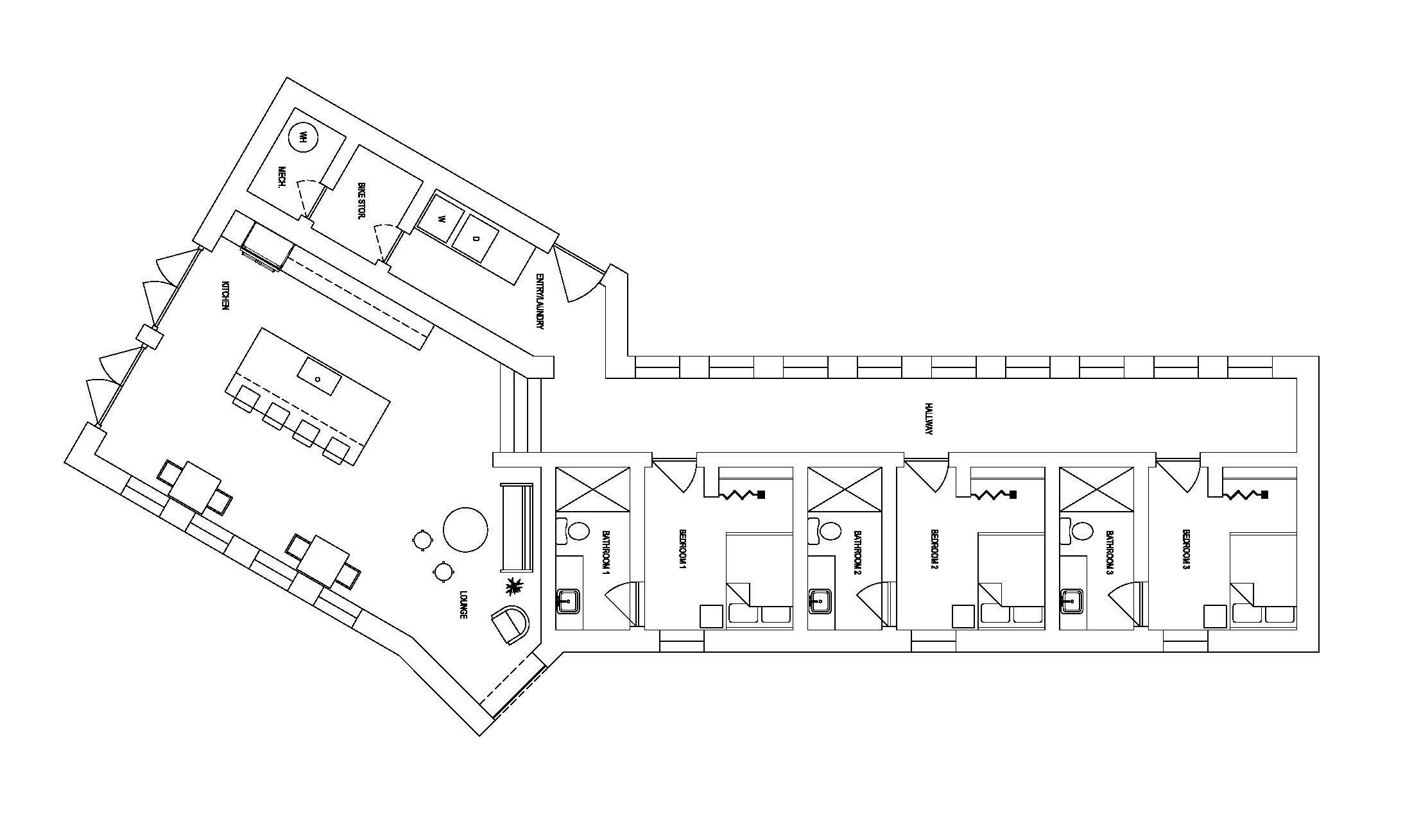 A detailed floor plan showing an angular open kitchen, dining, and lounge area connected to a linear hallway of bedrooms and bathrooms.
