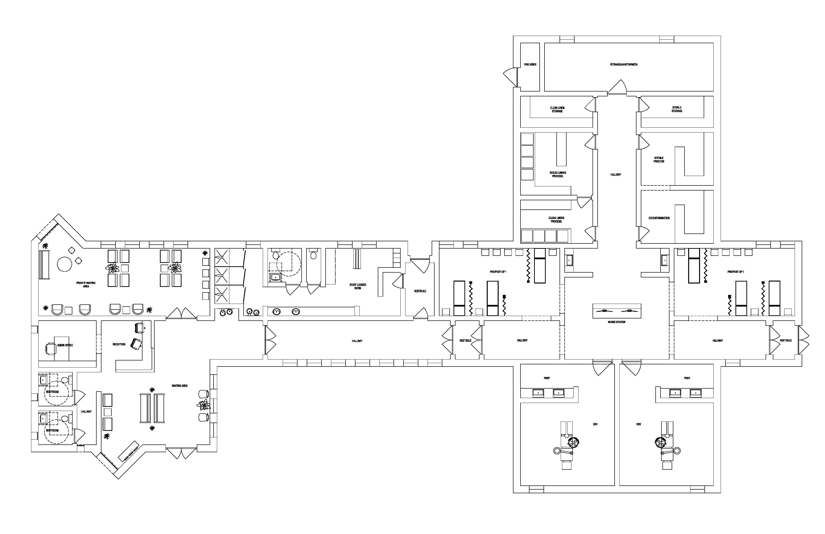 A large architectural fl oor plan of a commercial or hospitality space with labeled zones including reception, waiting areas, treatment rooms, and support spaces.