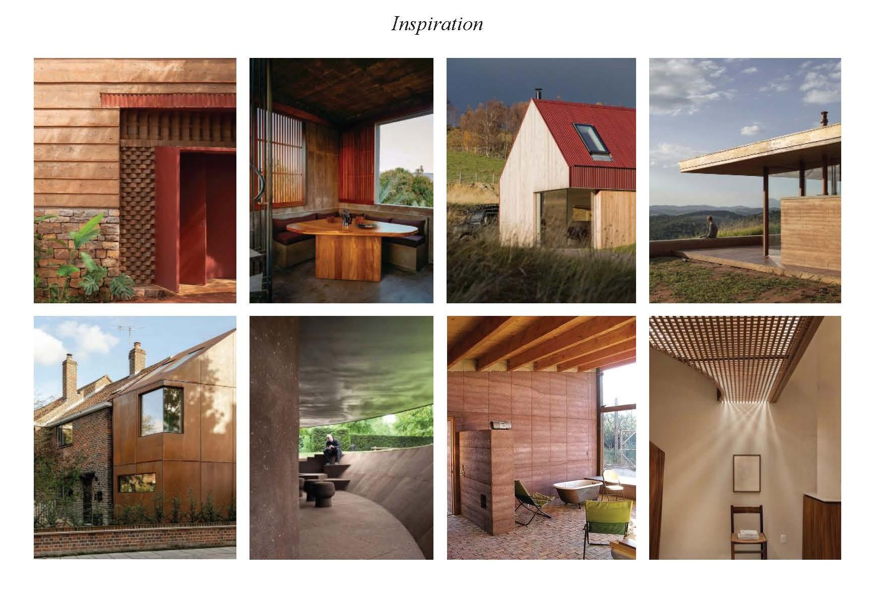 An inspiration board featuring warm-toned architectural details, wood interiors, small modern cabins, and textured material studies.