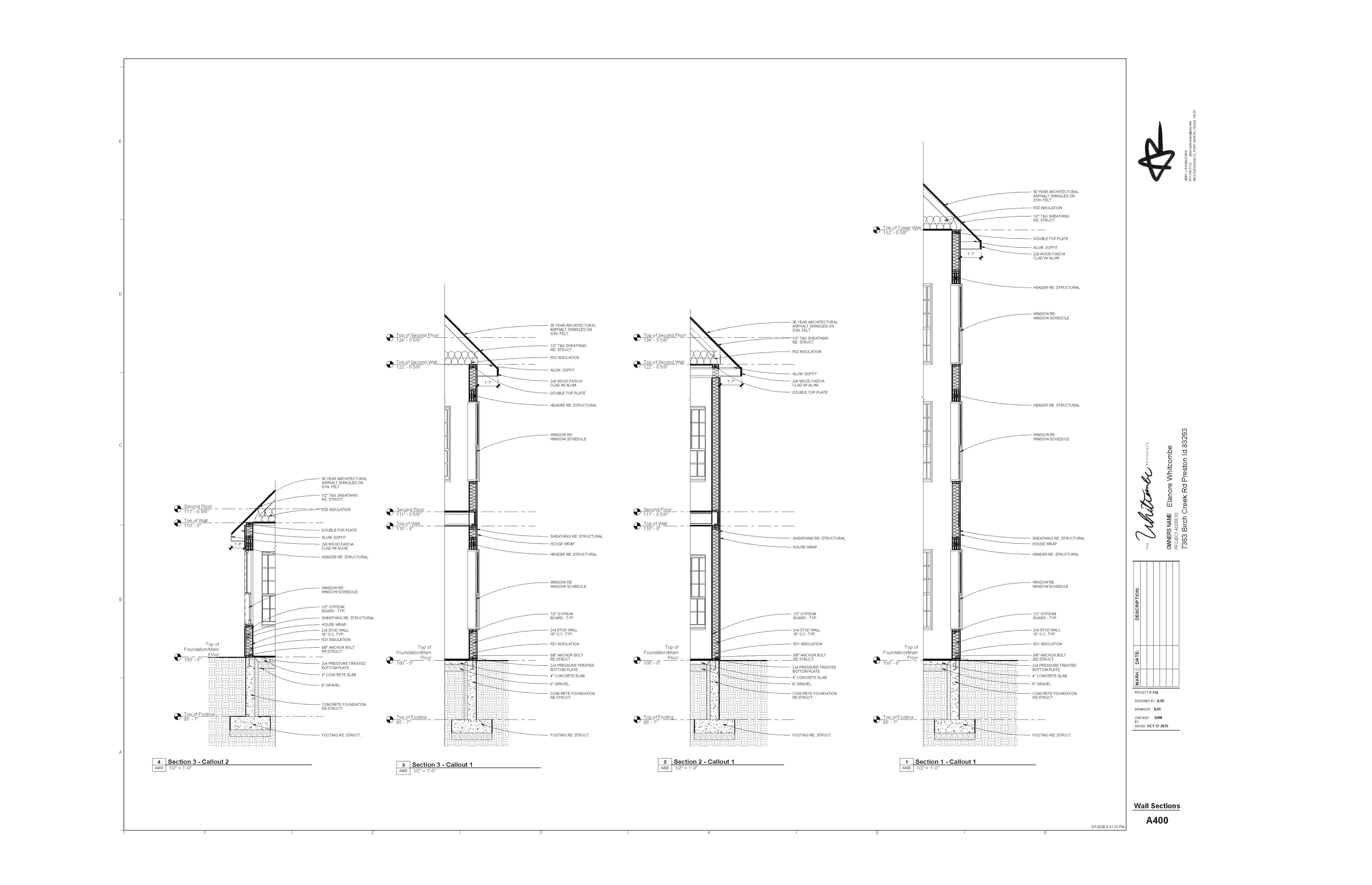 Construction Documents of 4 detailed
and dimensioned wall sections