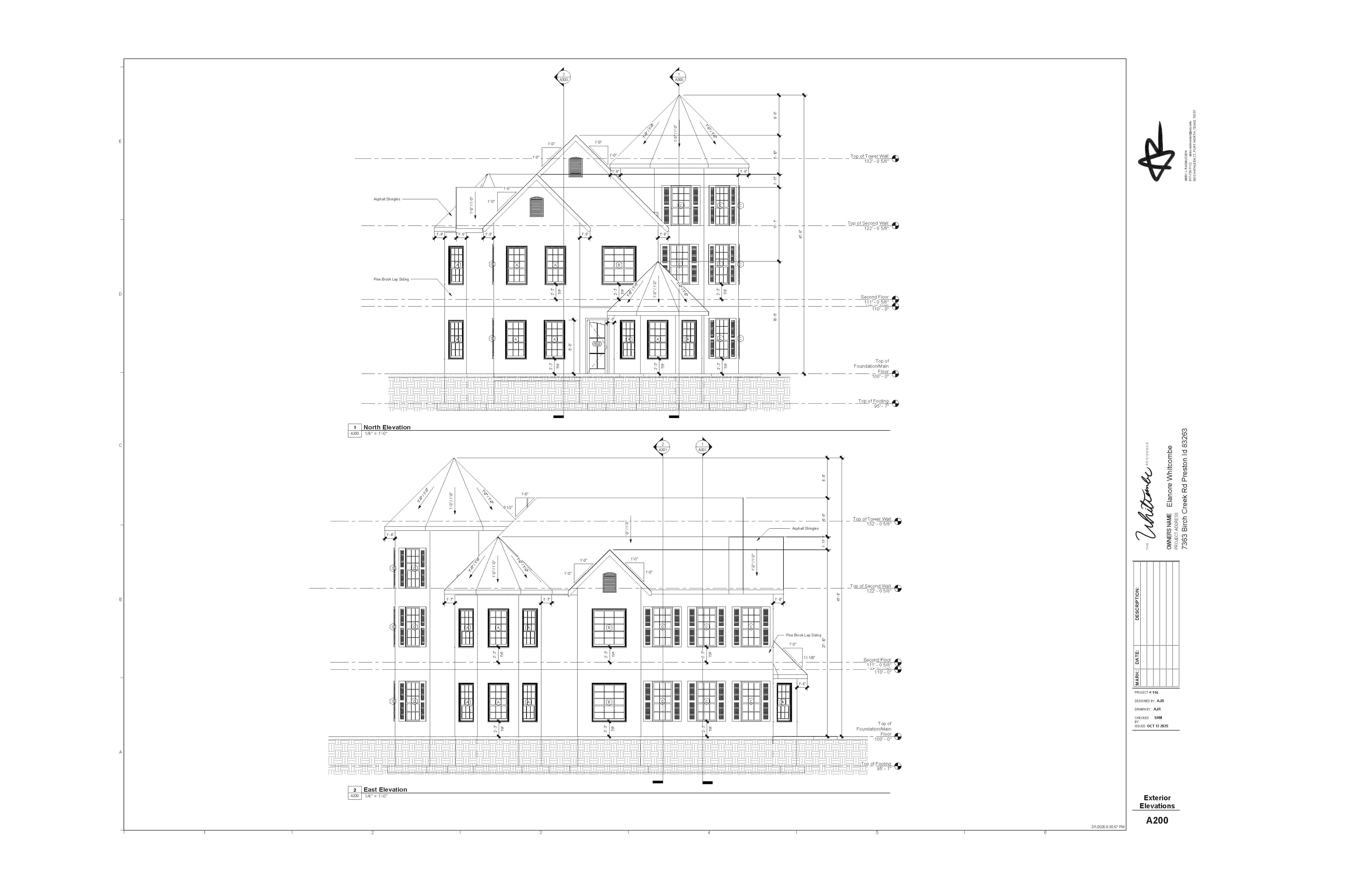 Construction Documents of the North
and East exterior elevations with
dimensions of the house