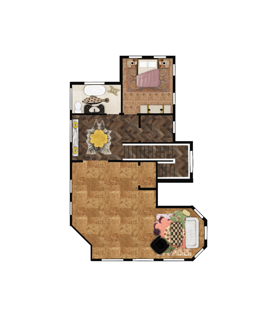 Hand-rendered floor plan of the
second floor, showing materials,
finishes and furniture