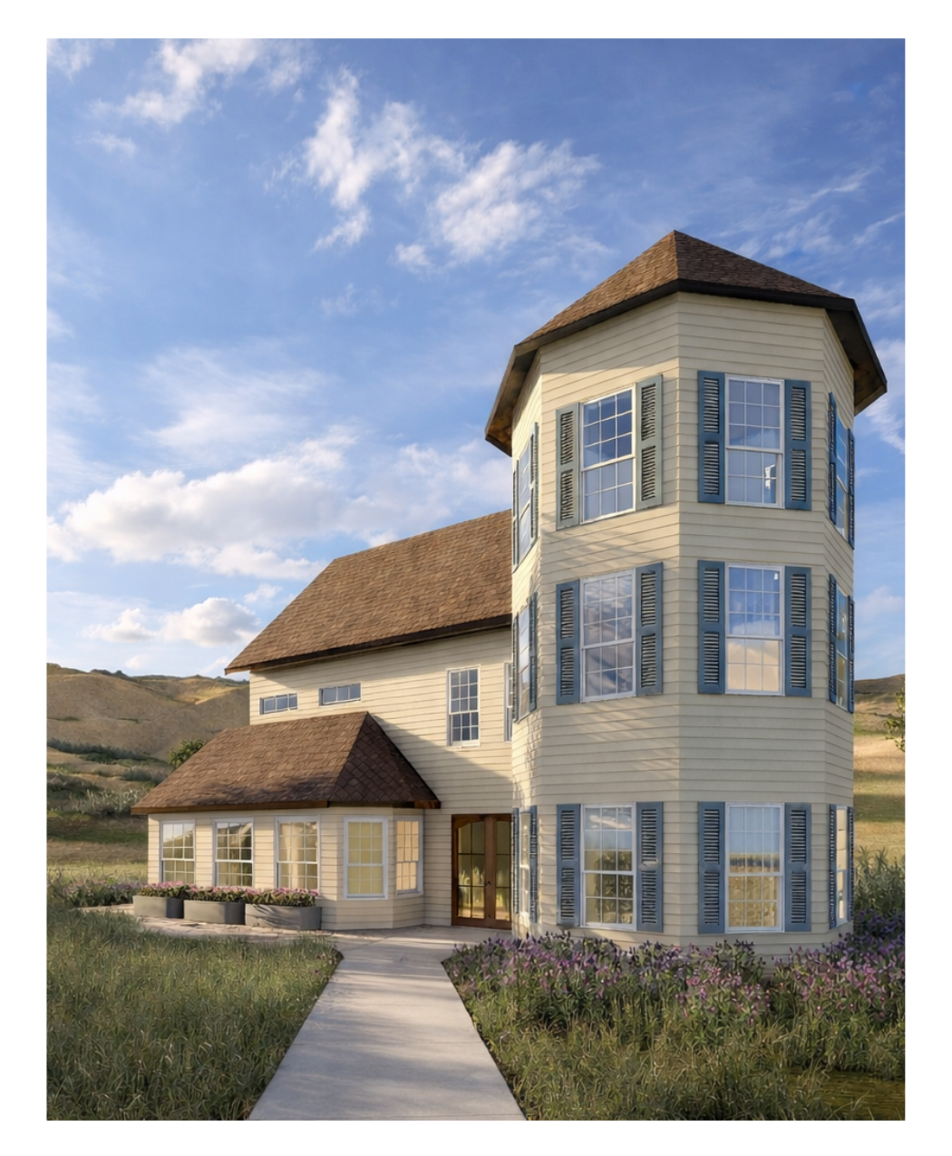 3D exterior rendering of the house. Light yellow board and batten, blue shutters, and a brown roof.
