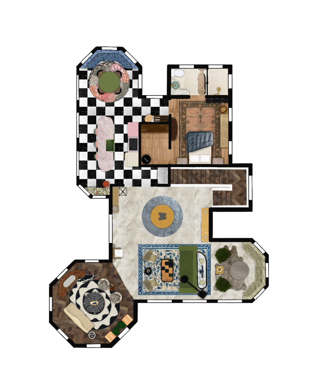 Hand-rendered floor plan of the first
floor, showing materials, finishes and
furniture