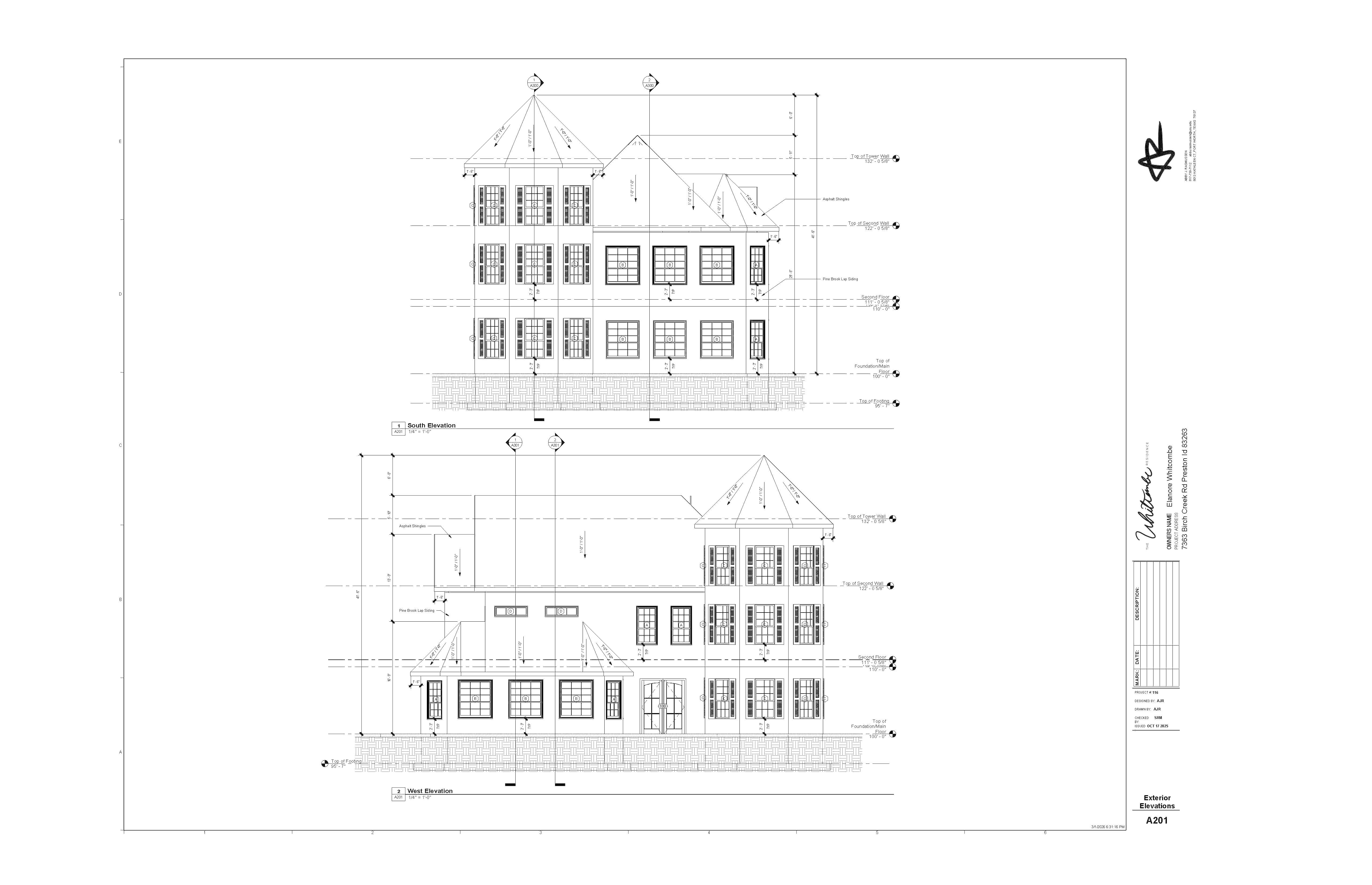 Construction Documents of the South
and West exterior elevations with
dimensions of the house